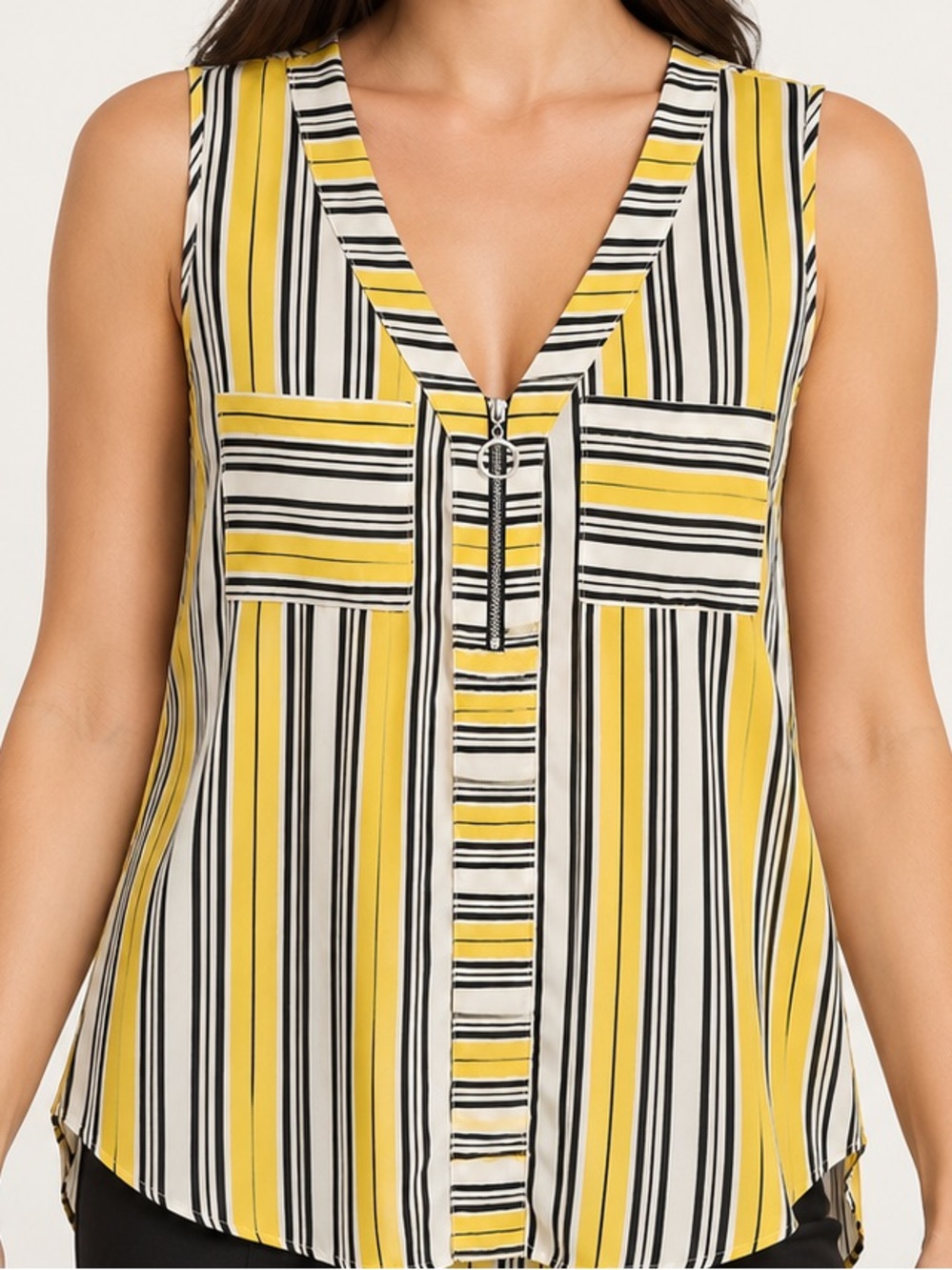Persaya Yellow White Black Striped Sleeveless V-Neck Camisole